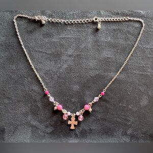 Silver Necklace with pink accents and Cross Pendant